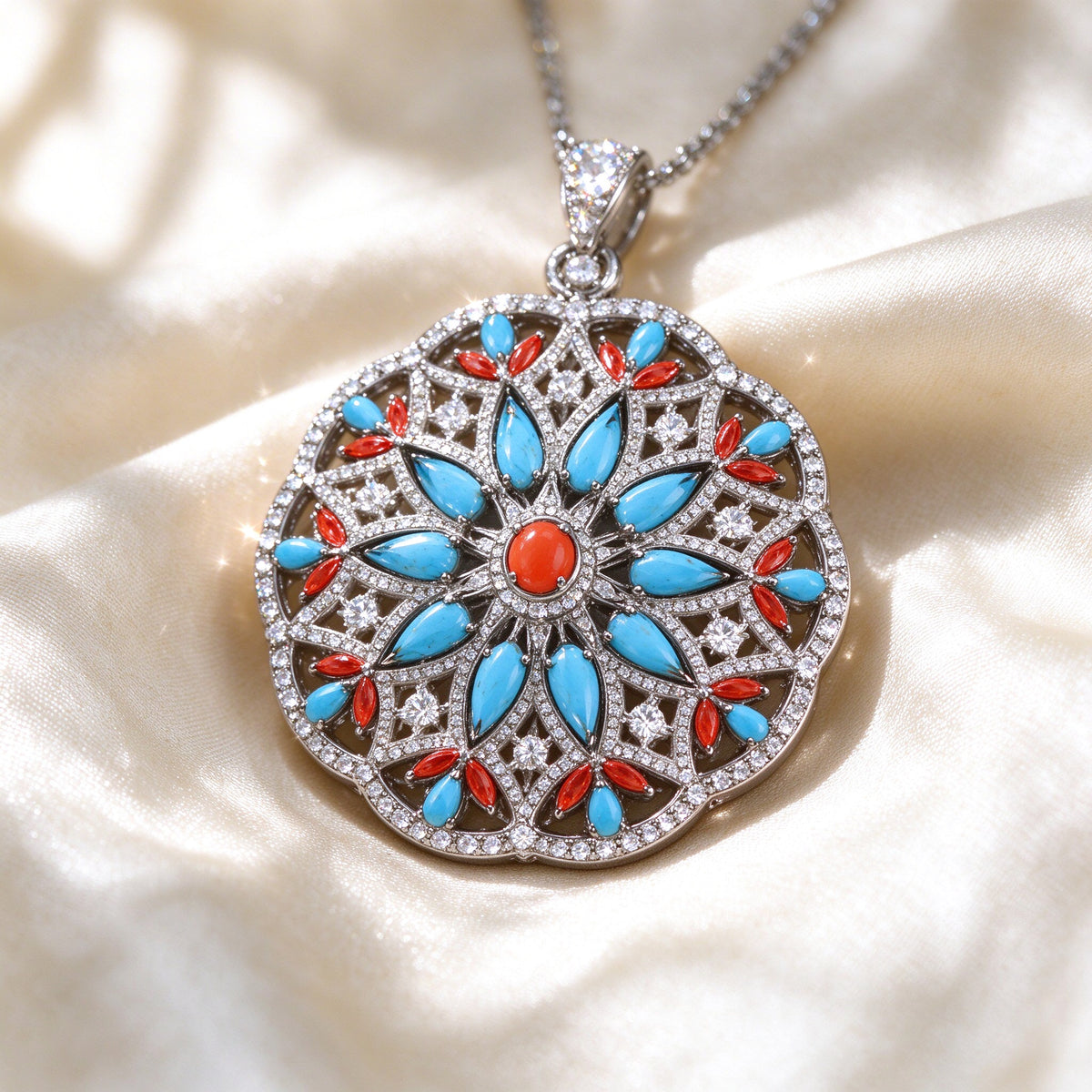 Macro of The Bud Bridal Set openwork floral medallion pendant showing coral center, radiating turquoise marquise stones and clear-cz halo on ivory silk
