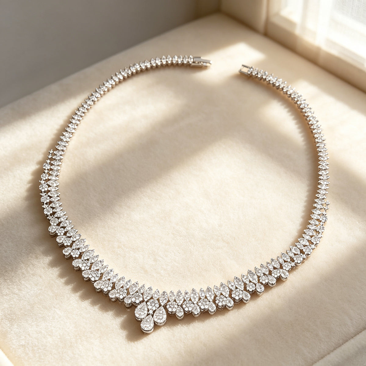 Macro of graduated leaf-motif pavé cubic zirconia necklace detail