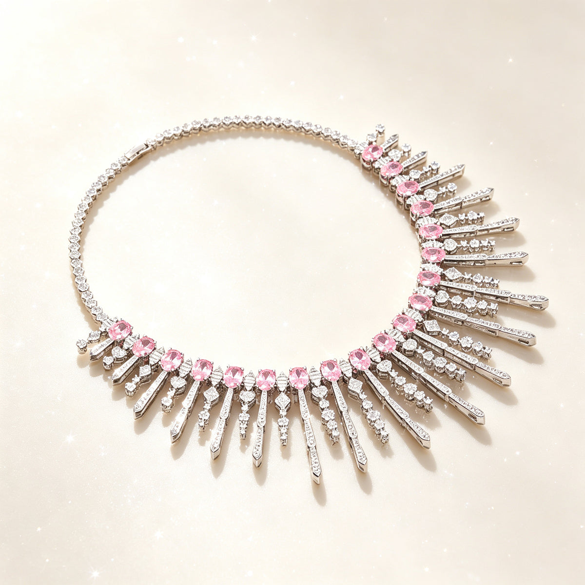 Macro close-up of the graduated pavé fringe bars and pink oval cubic zirconia stations