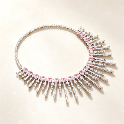 Macro close-up of the graduated pavé fringe bars and pink oval cubic zirconia stations