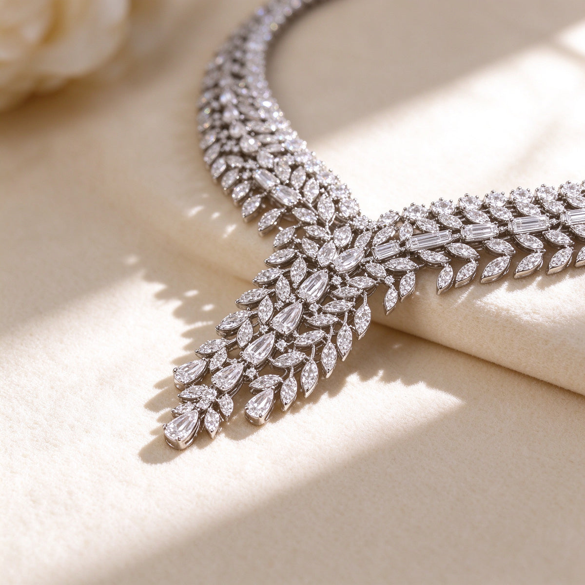 Macro close-up of The Peyton marquise, pear and baguette clear cubic zirconia leaf spray on ivory silk