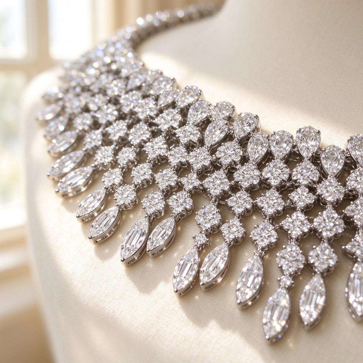 Macro detail of graduated marquise and round CZ floral clusters