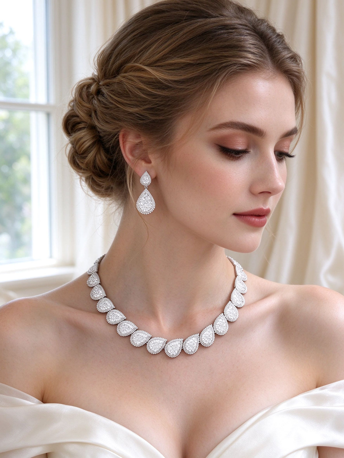 European bride wearing The Isadora Bridal Parure silver-tone CZ teardrop necklace and earrings