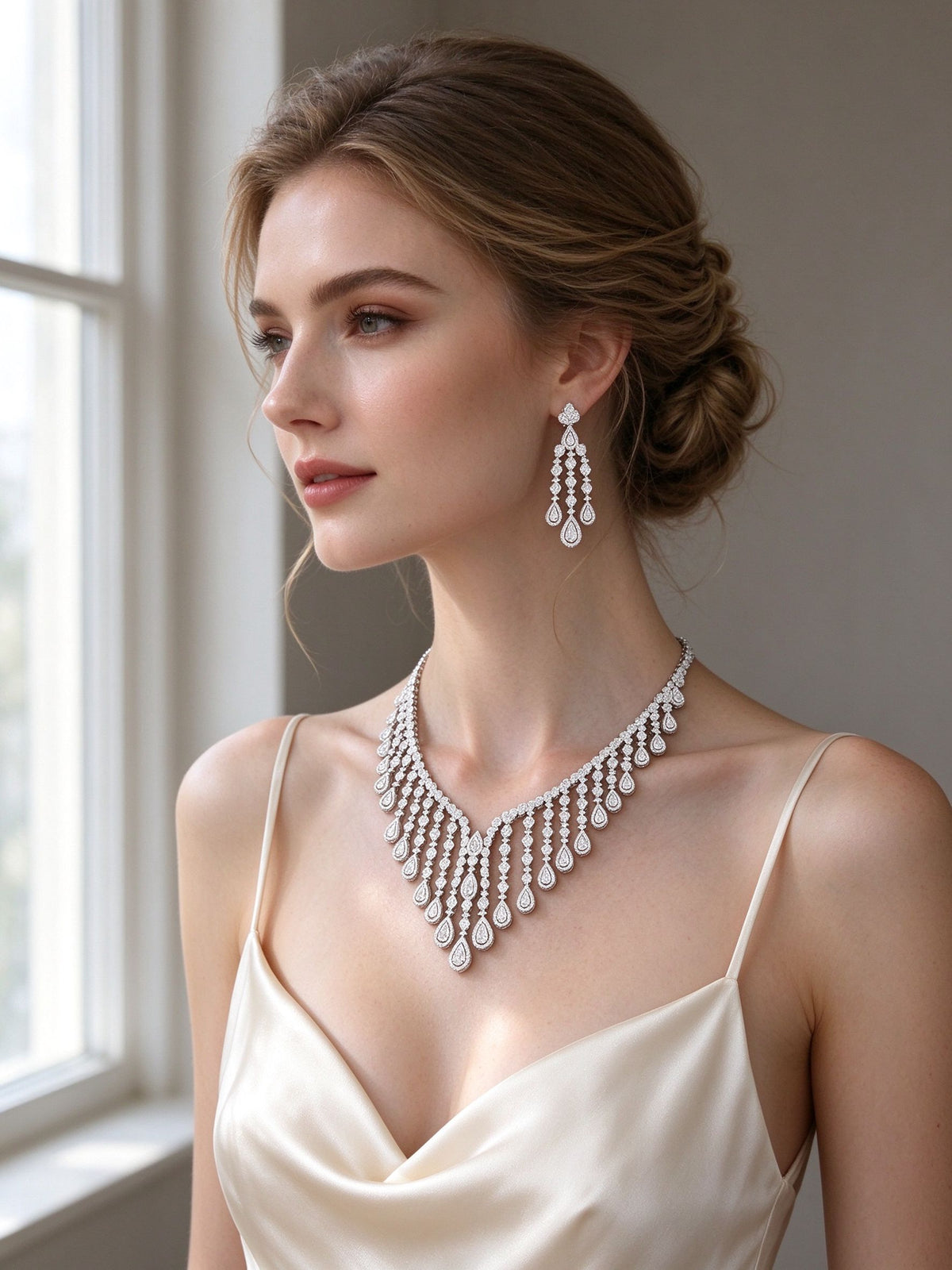 Model wearing The Ember Bridal Set V-shaped CZ bib necklace and chandelier earrings in ivory silk
