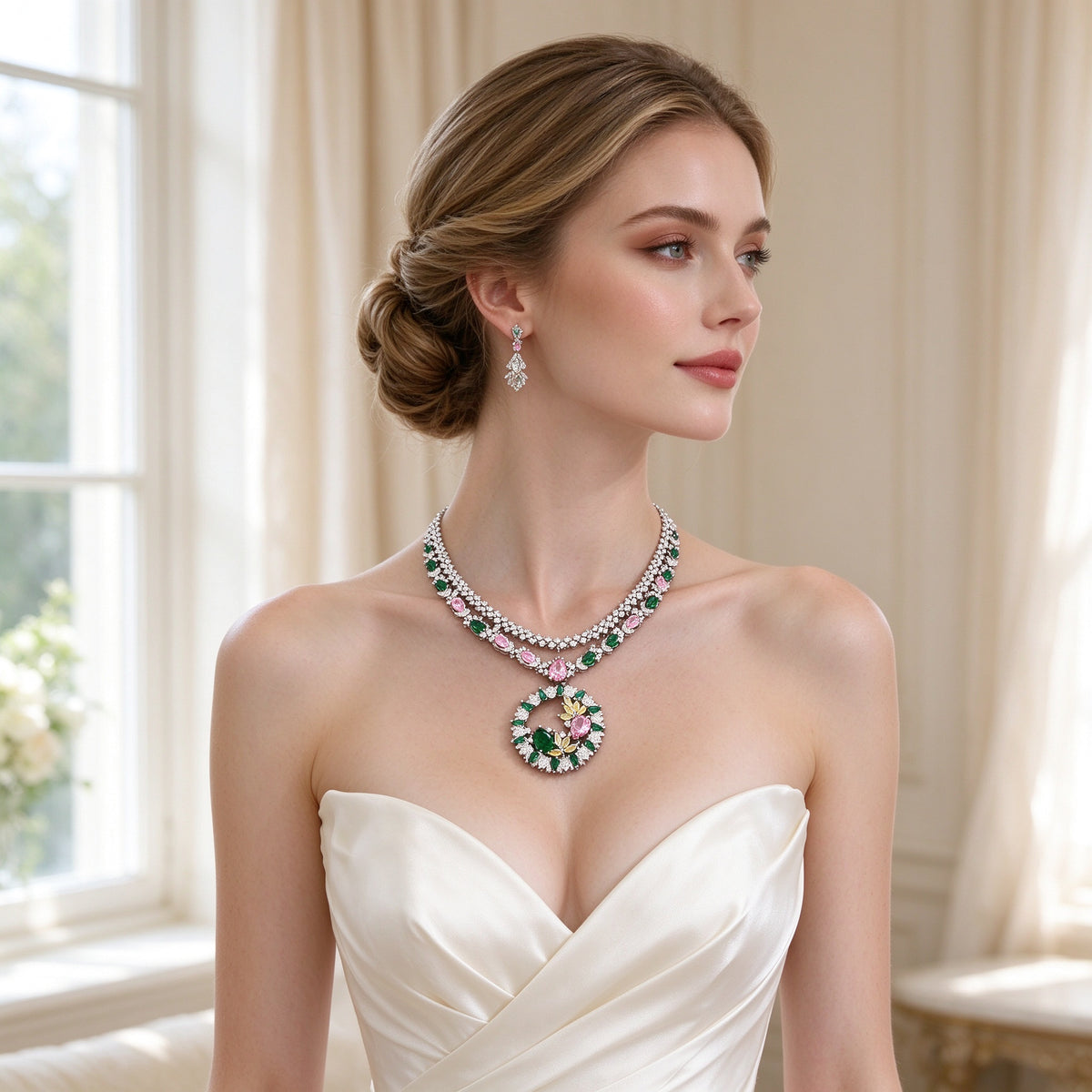 Western bride wearing the Hazel colored-stone collar necklace in an ivory silk gown