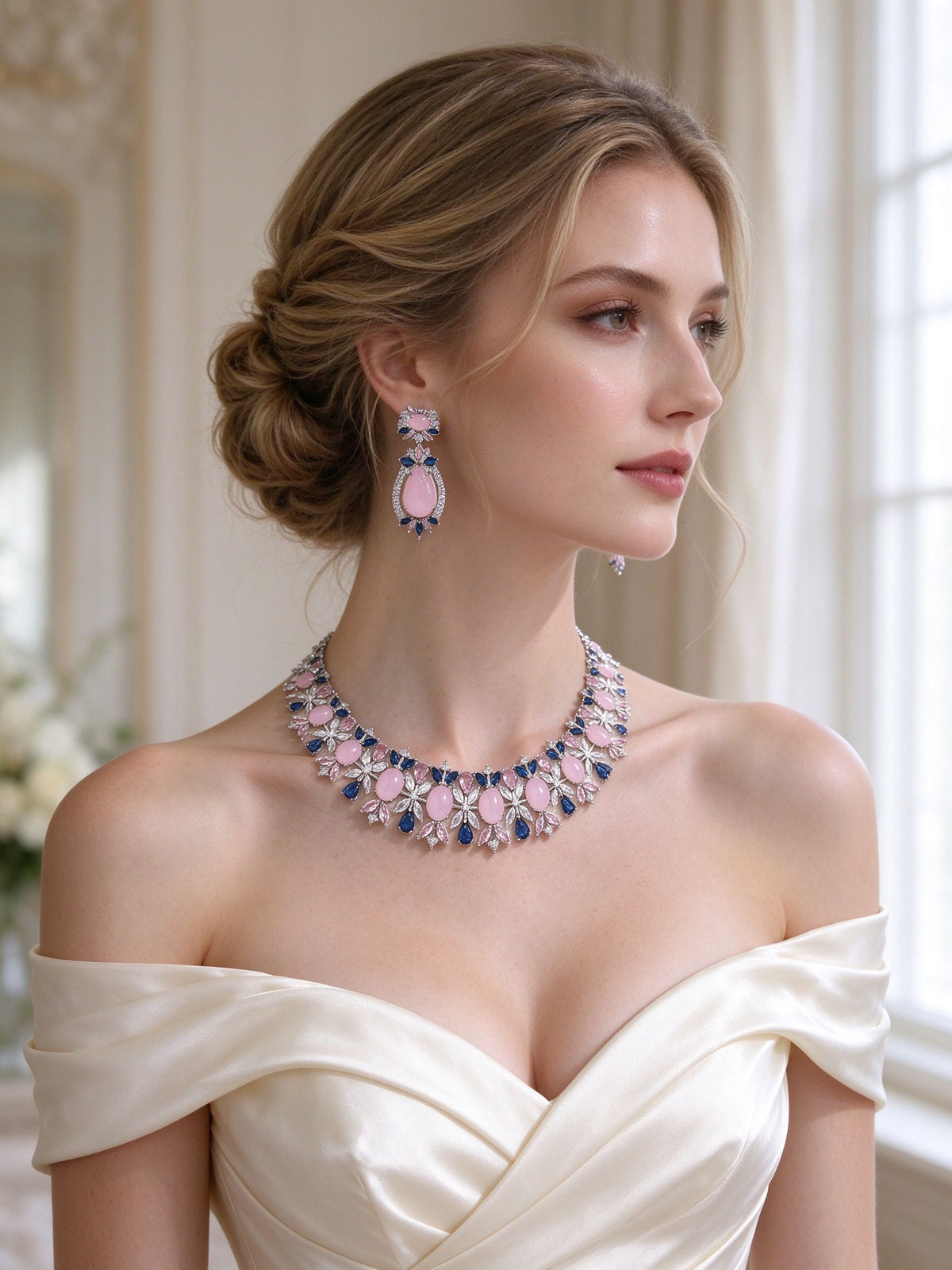 Bride in an ivory off-shoulder gown wearing The Calliope Bridal Set pink floral collar necklace and teardrop earrings