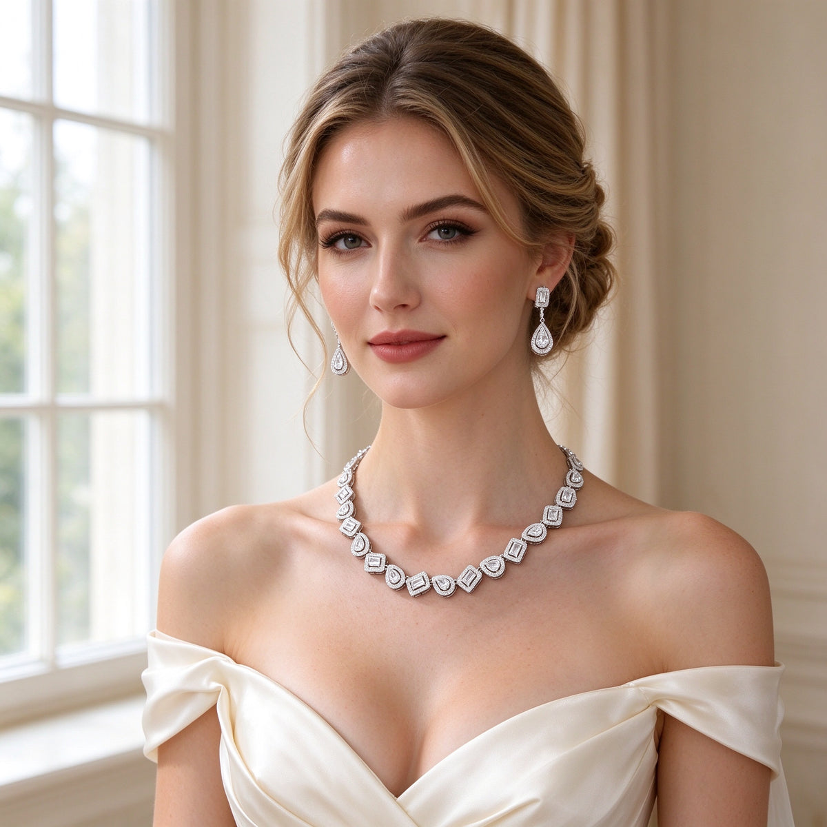 Western bride wearing The Celestia Wedding Suite alternating emerald and pear cut halo line necklace in soft window light