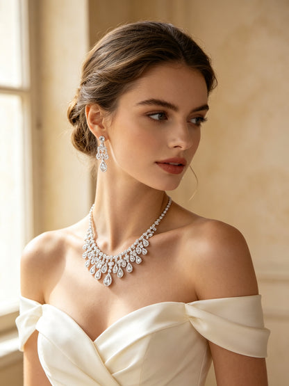 Bride in an ivory off-shoulder gown wearing The Rosalie Bridal Set teardrop CZ necklace and chandelier earrings