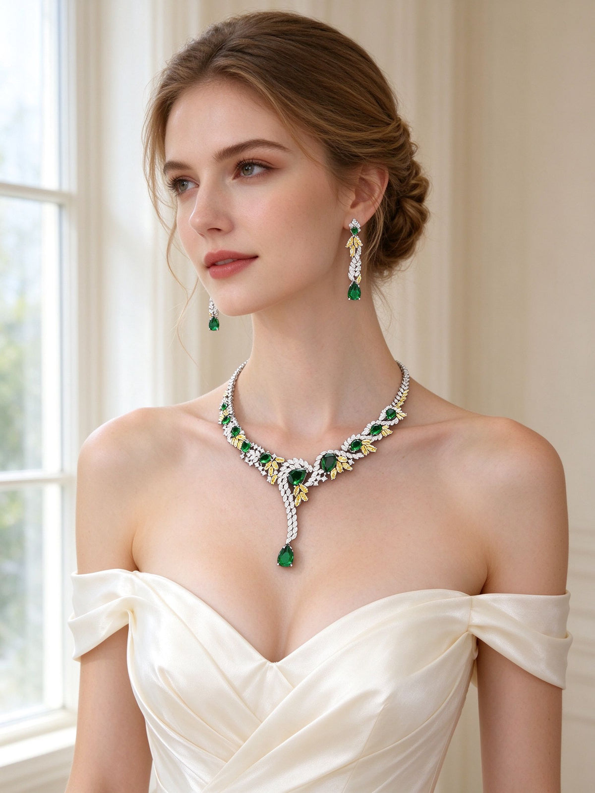 Bride in an ivory off-shoulder silk gown wearing The Hadley Crystal Parure Y-drop necklace and emerald drop earrings