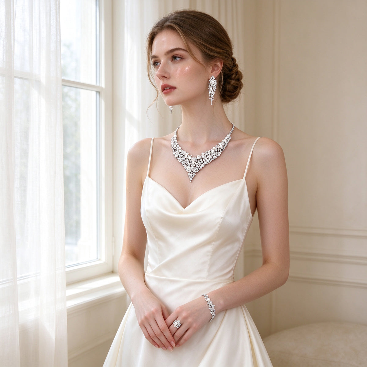 Bride in ivory silk slip dress wearing The Grain Bridal Set near a sheer-curtained window