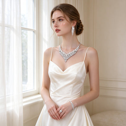 Bride in ivory silk slip dress wearing The Grain Bridal Set near a sheer-curtained window