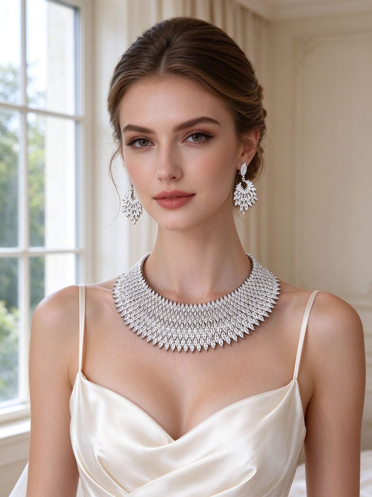 European bride wearing The Skye Bridal Set marquise CZ bib necklace and leaf-wing earrings