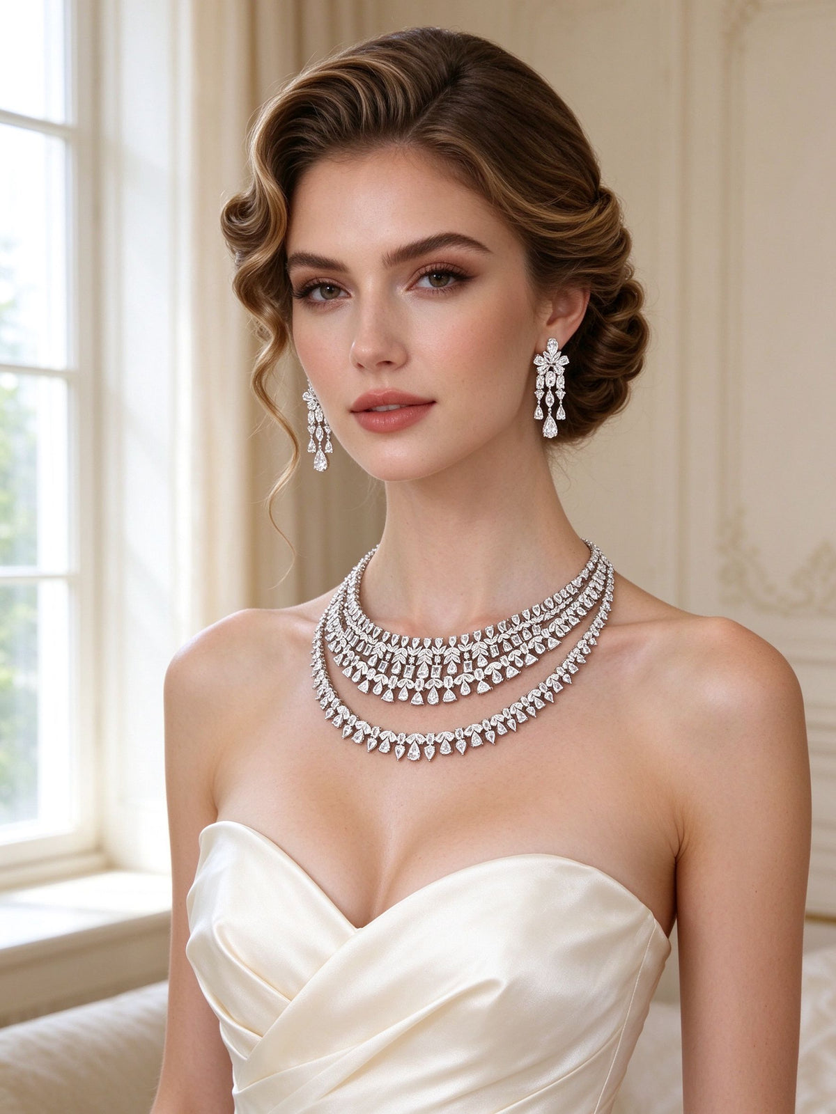 European bride wearing The Fjord Bridal Set mixed-cut CZ collar necklace and chandelier earrings