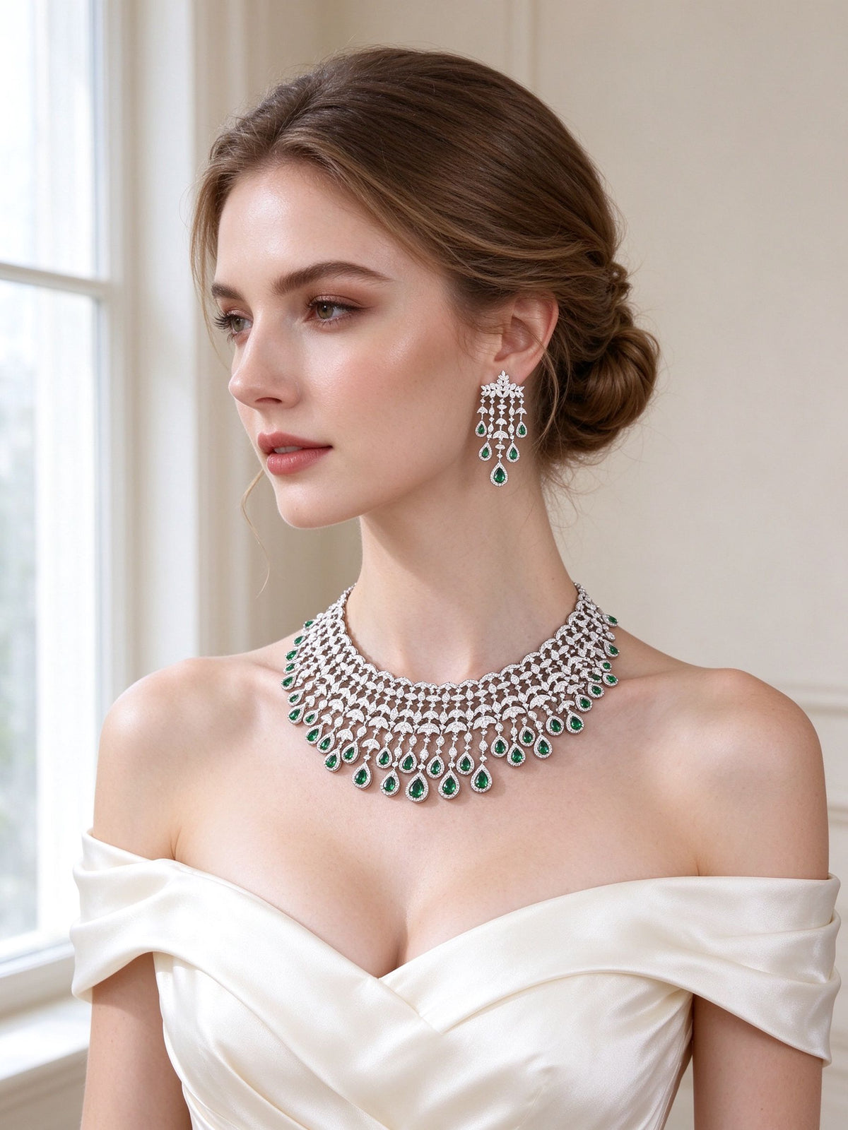 Model wearing The Sage Crystal Parure lace bib necklace and chandelier earrings in ivory silk