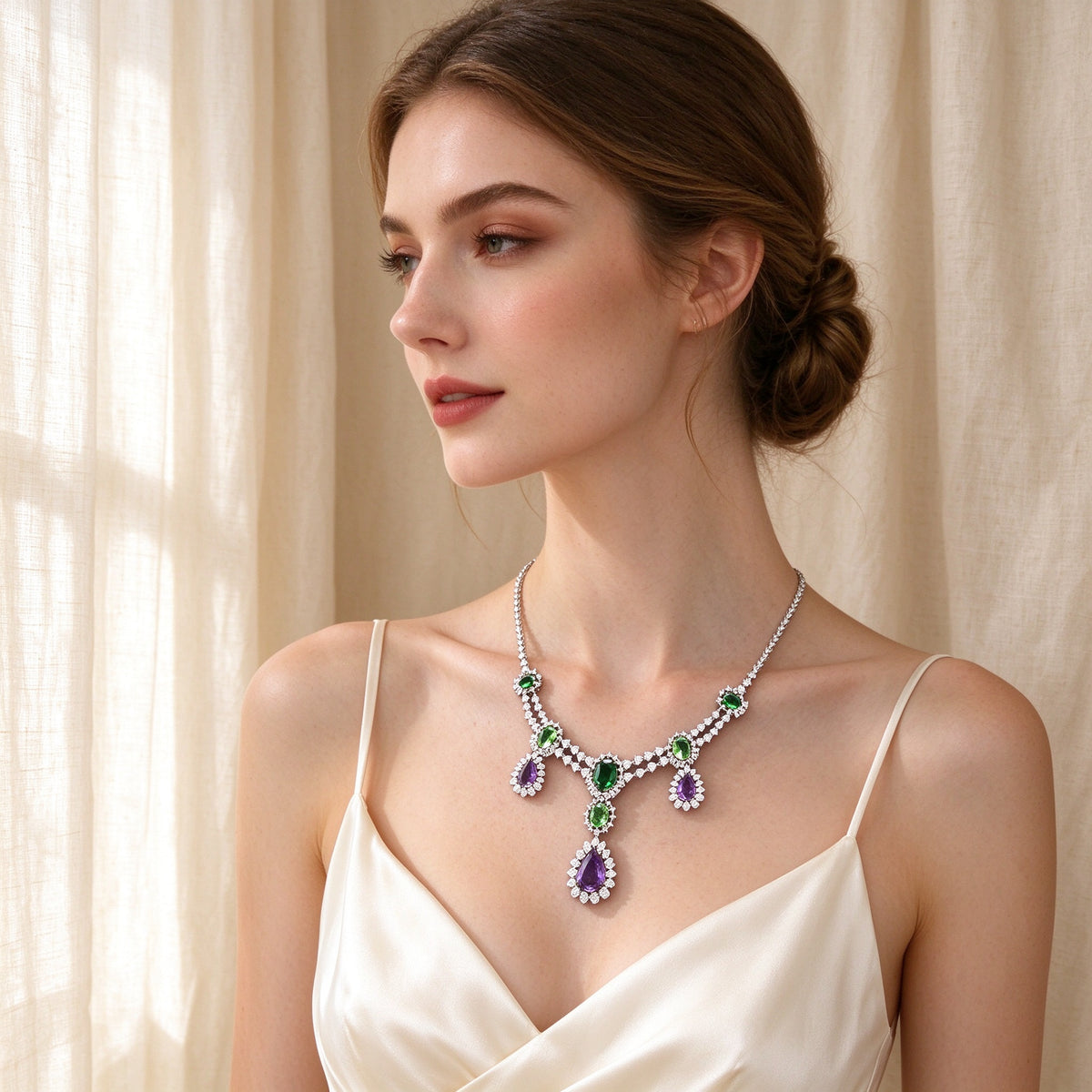 Western bride wearing The Crown Y-drop emerald-green and amethyst-purple CZ necklace in ivory silk