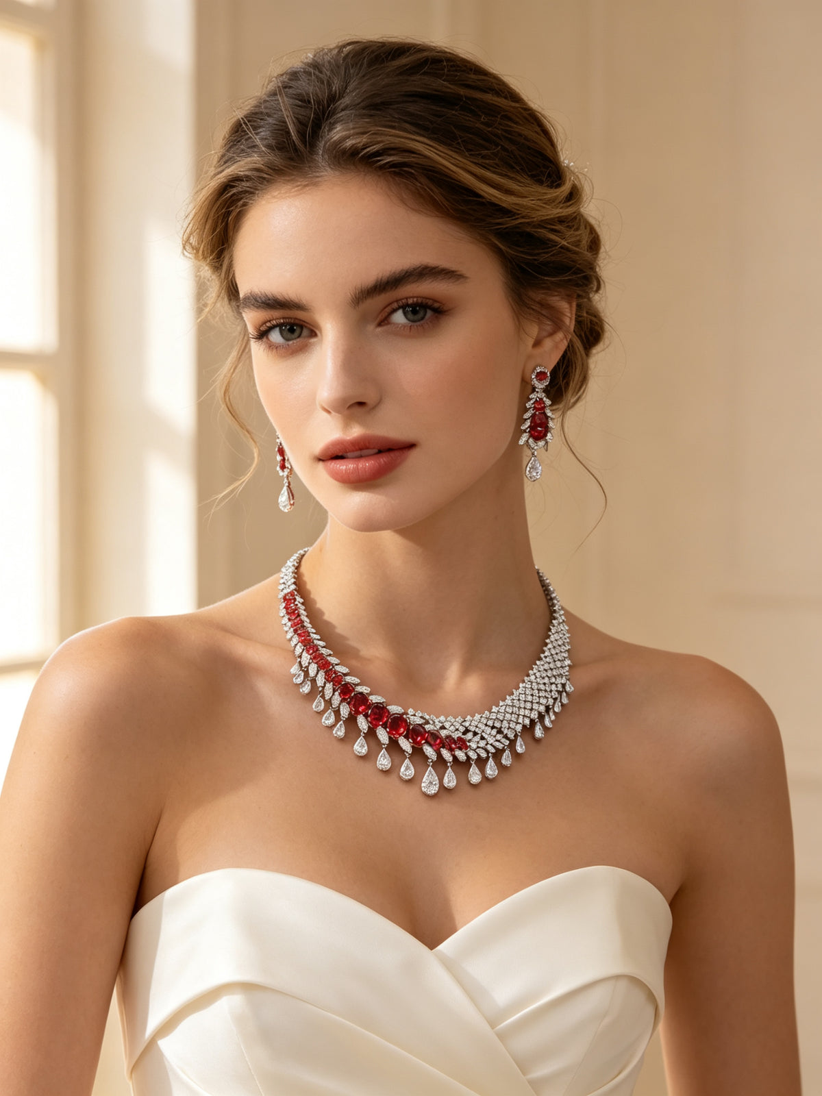 Bridal model wearing The Astra Wedding Suite red CZ collar and chandelier earrings in ivory strapless gown