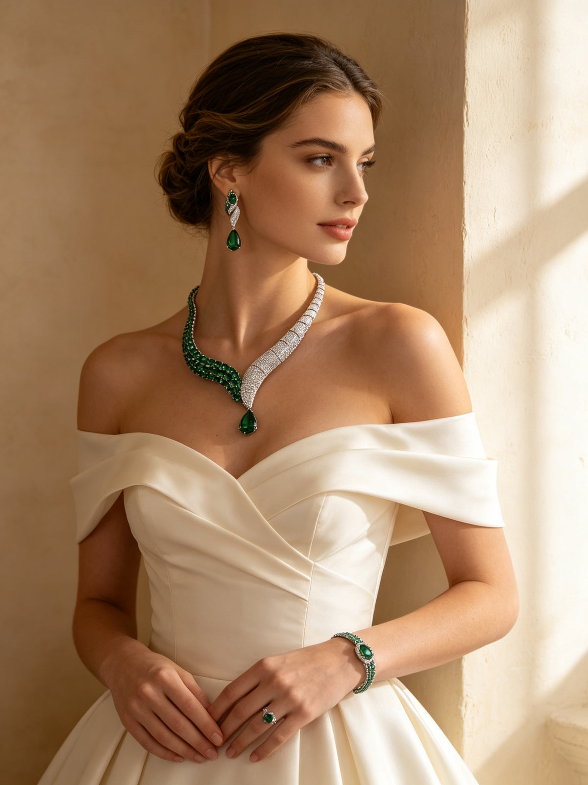 Bride in an ivory off-shoulder gown wearing The Ophelia Crystal Par emerald ribbon necklace, ribbon earrings and gradient bracelet