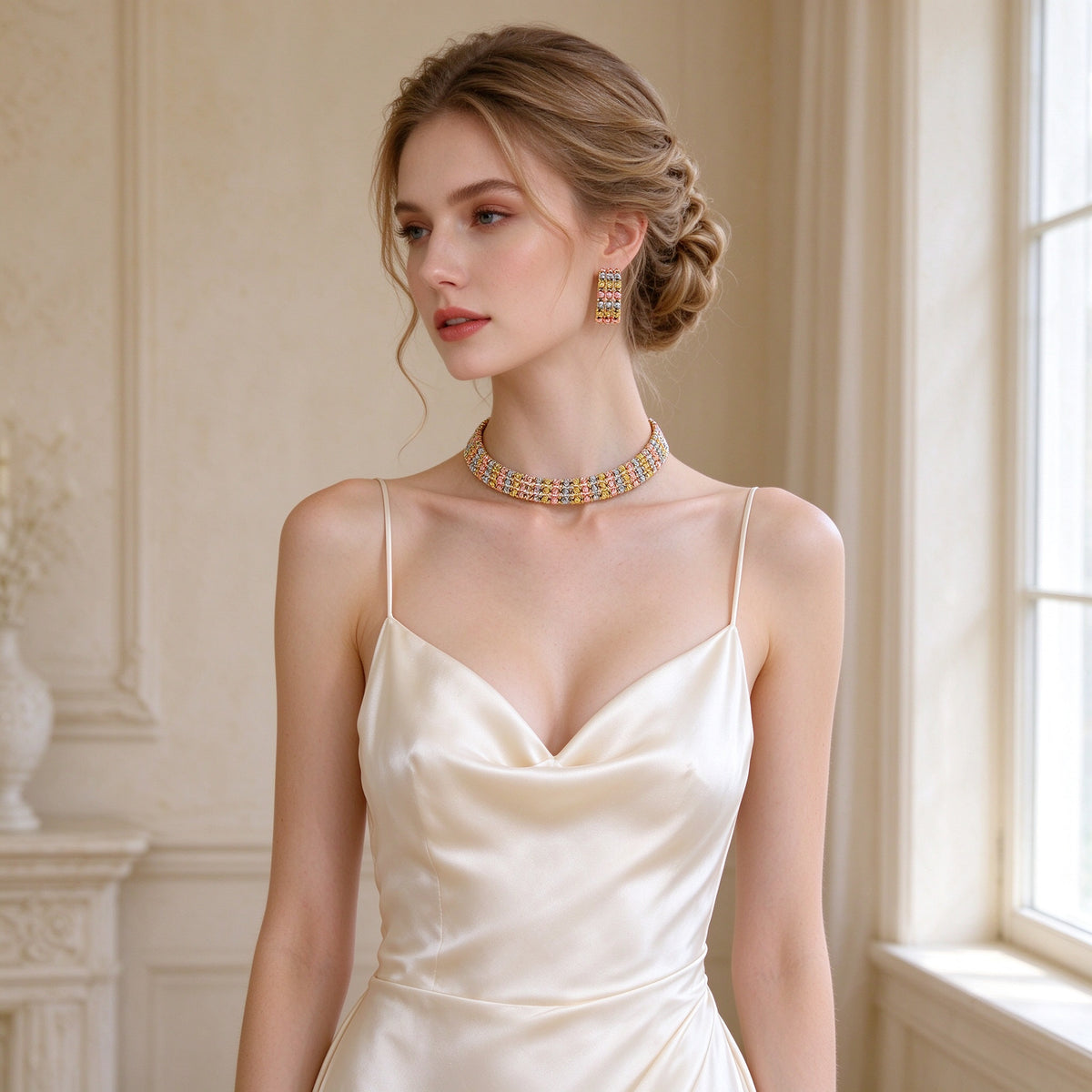 Bride in an ivory silk slip dress wearing The Emerson tri-tone woven bead choker collar and cluster earrings