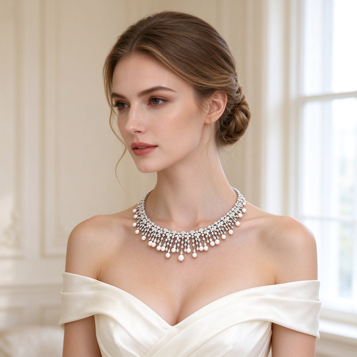 Bridal model wearing The Rue pearl fringe collar in ivory off-shoulder gown