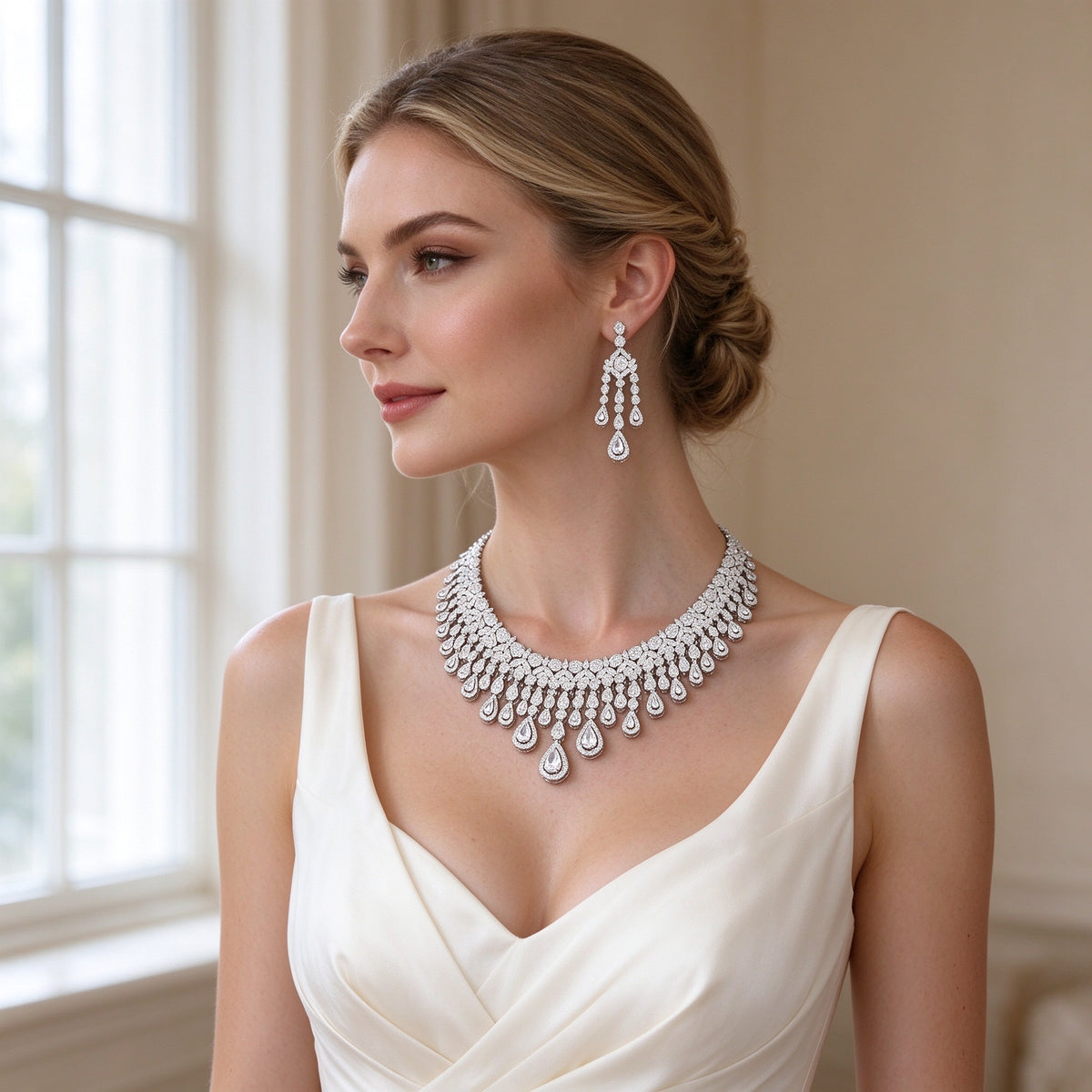Western bride wearing The Moonlight Bridal Set silver pavé fringe collar necklace and graduated teardrop drop earrings in soft window light