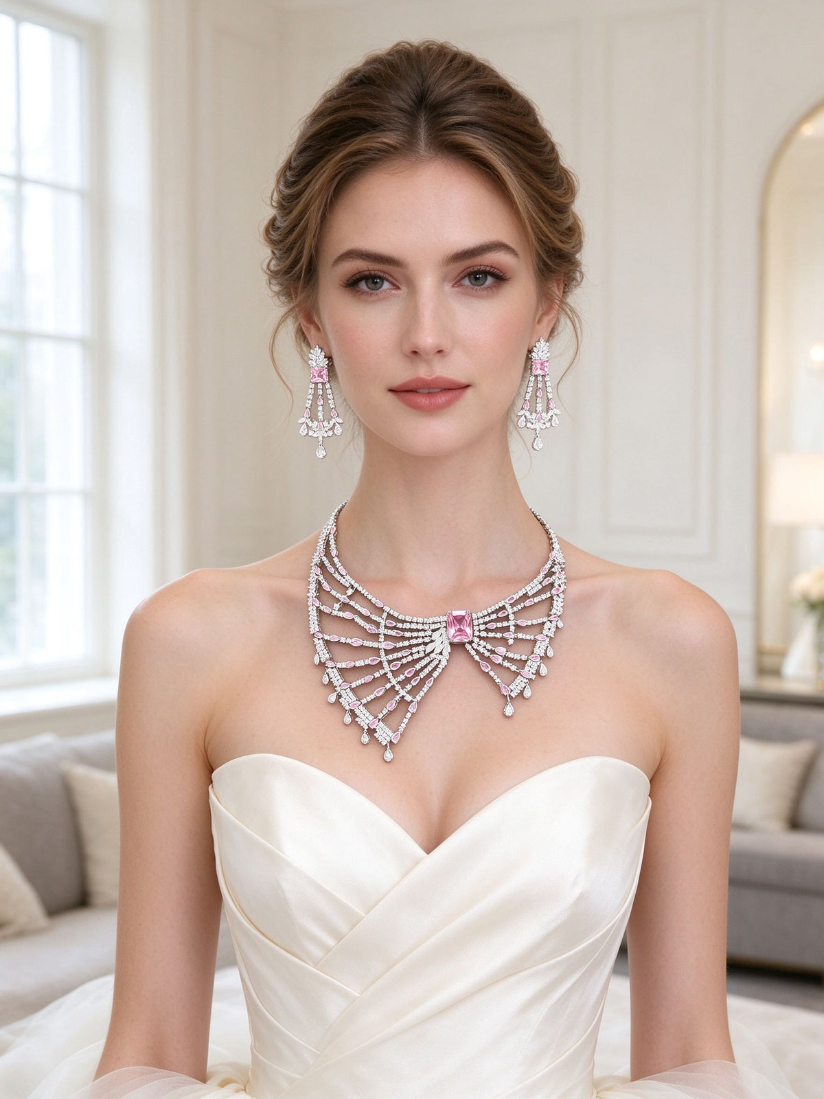 Western bride wearing The Equinox Crystal Parure pink CZ fan-fringe bib necklace and chandelier earrings in soft window light