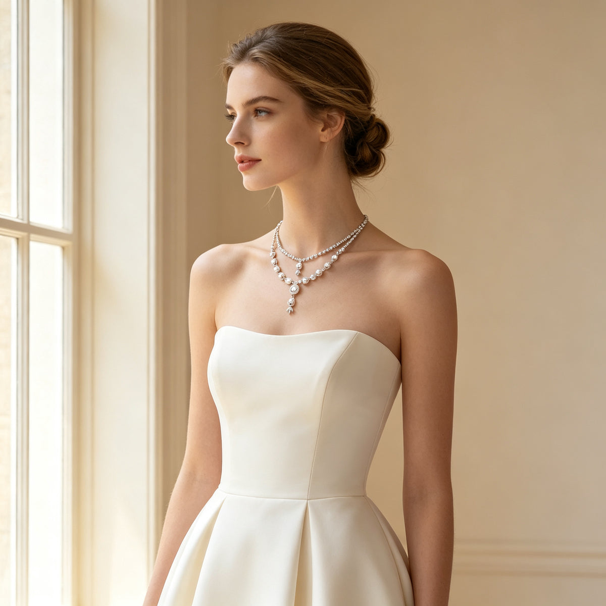Bride wearing The Zenith Bridal Parure necklace in an ivory strapless gown by a window