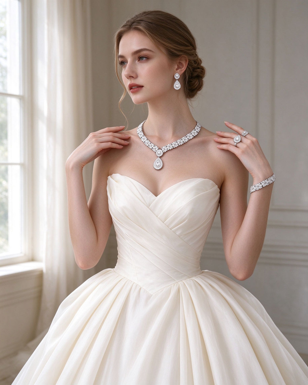 Bride in an ivory ballgown wearing The Root Wedding Suite full four-piece set