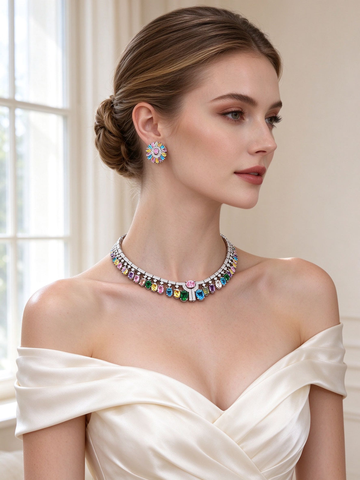 Model wearing The Willow Wedding Suite multicolor choker necklace and cluster stud earrings
