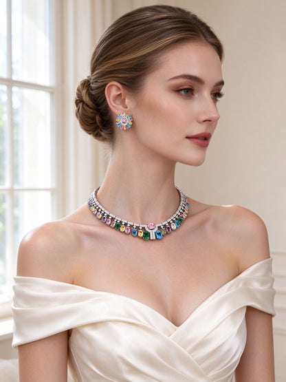 Model wearing The Willow Wedding Suite multicolor choker necklace and cluster stud earrings