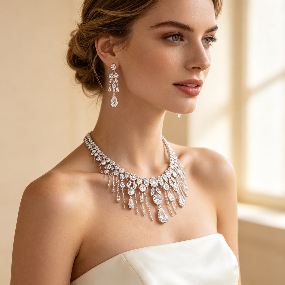 Bride wearing The Lily Wedding Suite fringe cascade choker and chandelier earrings