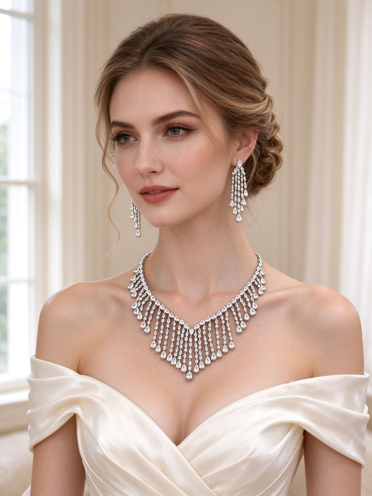 Bride in an ivory off-shoulder silk gown wearing The Oriana Crystal Parure fringe bib necklace and long fringe earrings