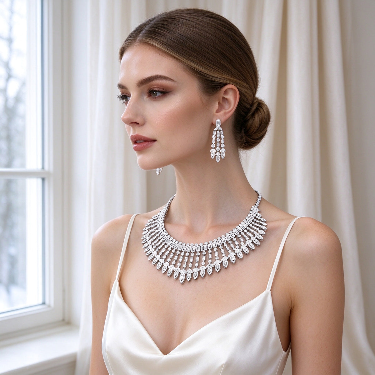 Caucasian bride wearing The Jasmine Bridal Set statement necklace and chandelier earrings with an ivory silk slip dress by a window