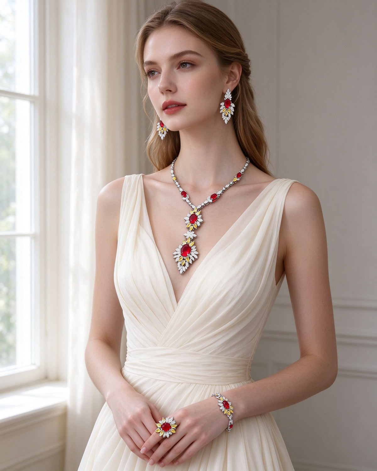 Bride in an ivory gown wearing The Seed Bridal Parure colorful floral four-piece set