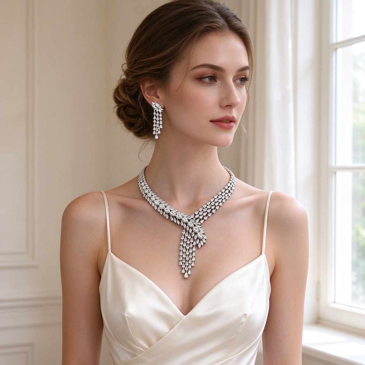 Bride wearing The Marigold Wedding Suite graduated V-necklace and chandelier earrings with an ivory silk gown