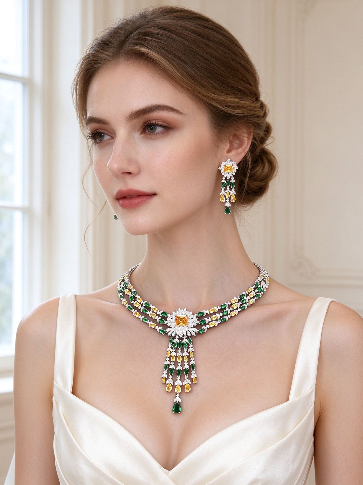 The Morgan Bridal Set – European bride wearing the gold-and-emerald sunburst collar necklace and tassel earrings
