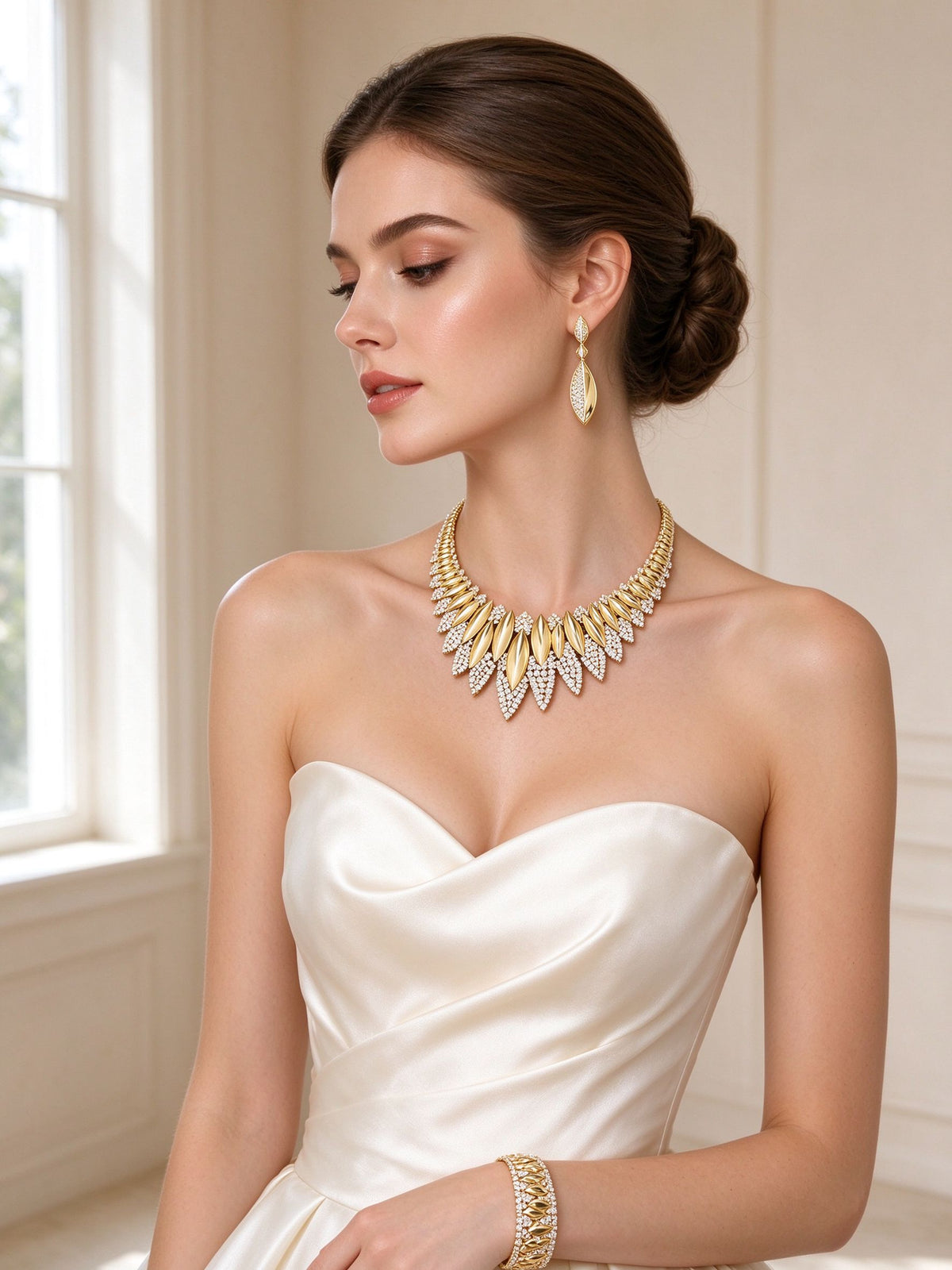 Model wearing The Ivy Bridal Parure gold collar necklace and drop earrings in ivory silk