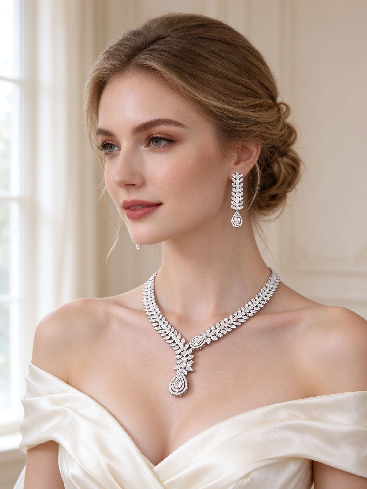 Bride in an ivory off-shoulder silk gown wearing The Cordelia Wedding Suite laurel leaf necklace and long leaf-drop earrings