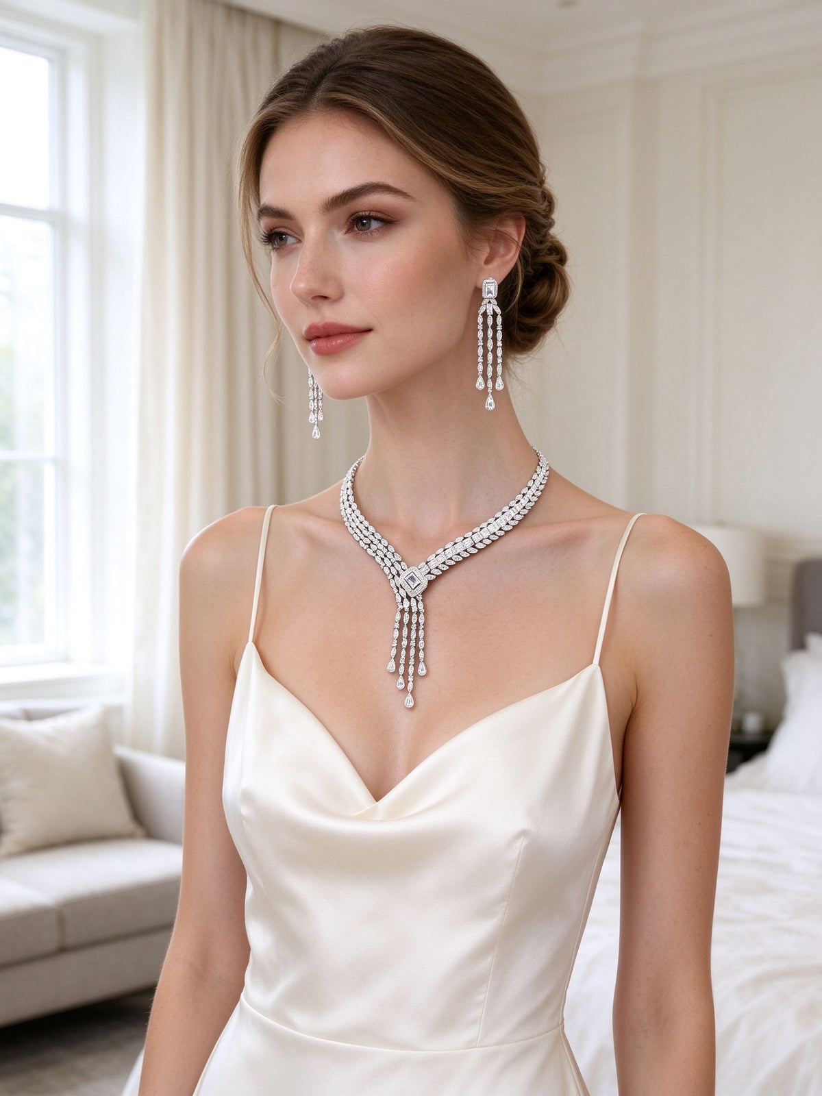 Western bride wearing The Harvest Bridal Parure marquise-link collar necklace and long chandelier earrings in soft window light