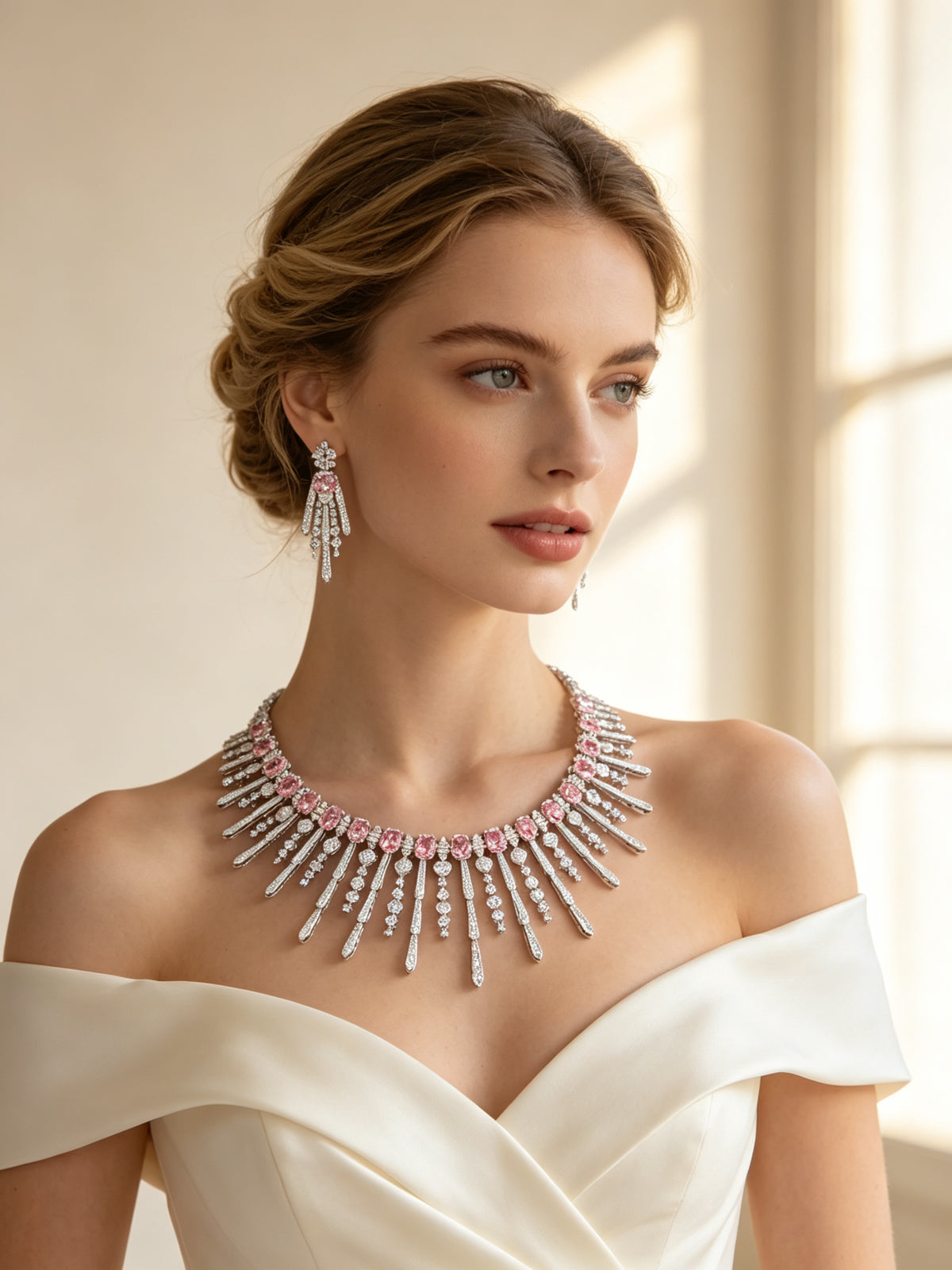 Bride in an ivory off-shoulder gown wearing The Amara Wedding Parure sunburst fringe necklace and drop earrings