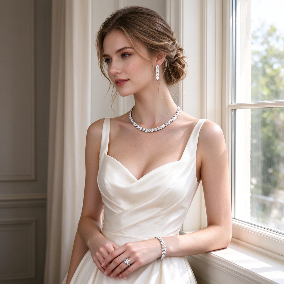 Caucasian bride wearing The Thorn Wedding Suite marquise-leaf necklace and drop earrings in an ivory silk gown by a sunlit window