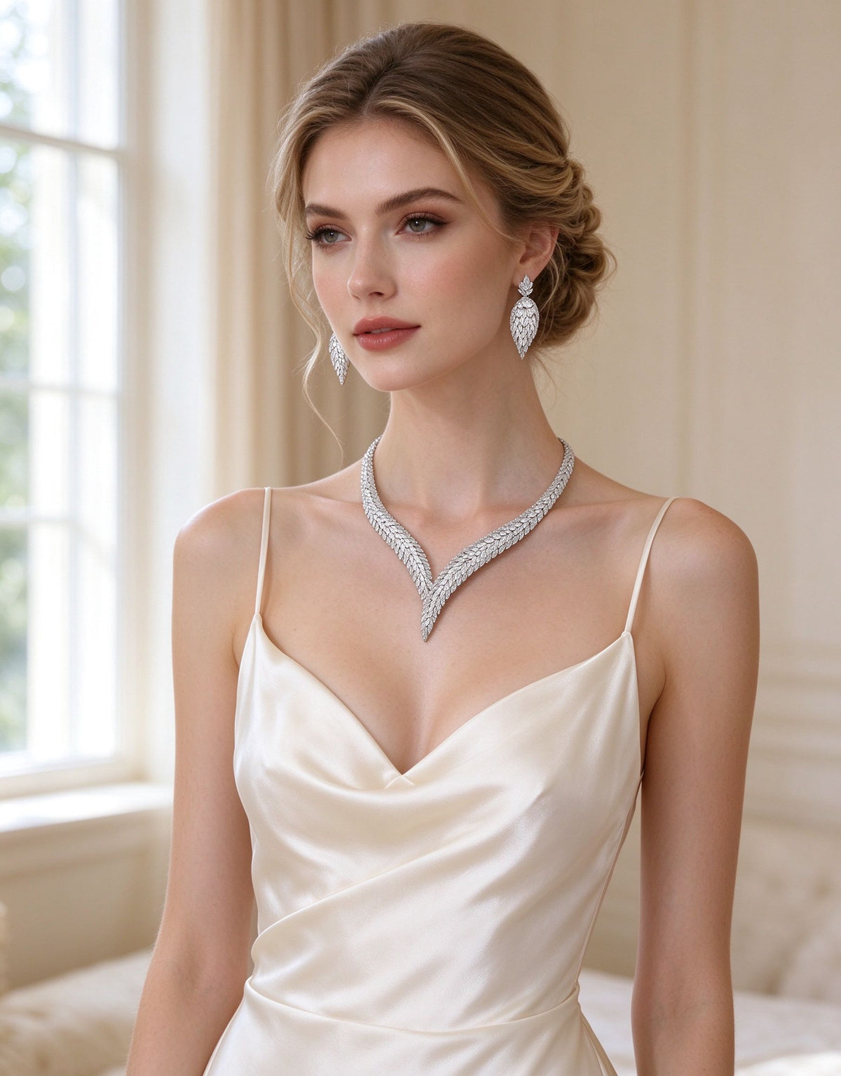 Bride wearing The Midnight Bridal Set V-necklace and leaf drop earrings in ivory silk