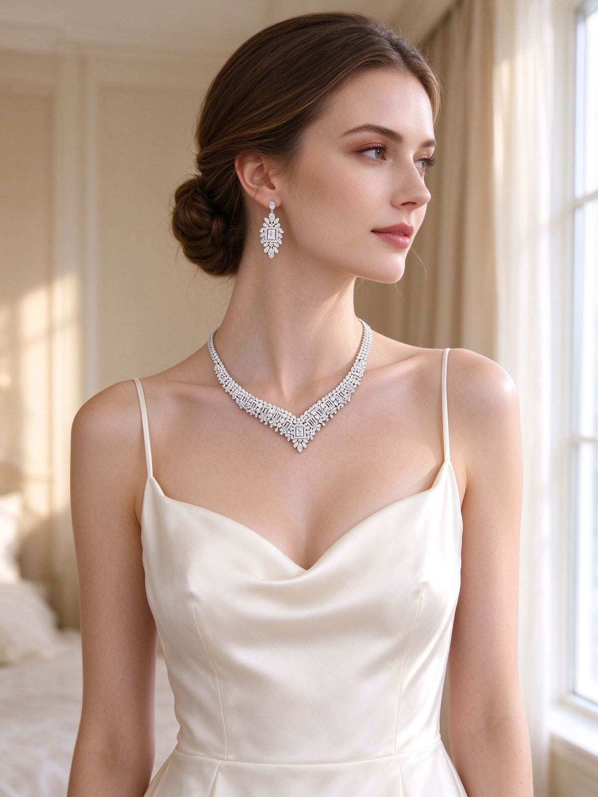 Western bride in ivory silk slip dress wearing The Diadem Bridal Parure silver CZ V-collar necklace and drop earrings in soft window light