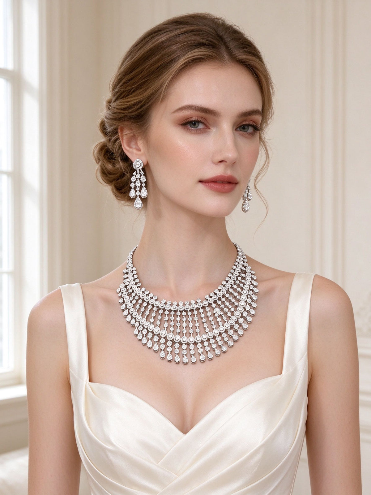 The Avery Wedding Suite – European bride wearing the layered fringe bib necklace and halo drop earrings