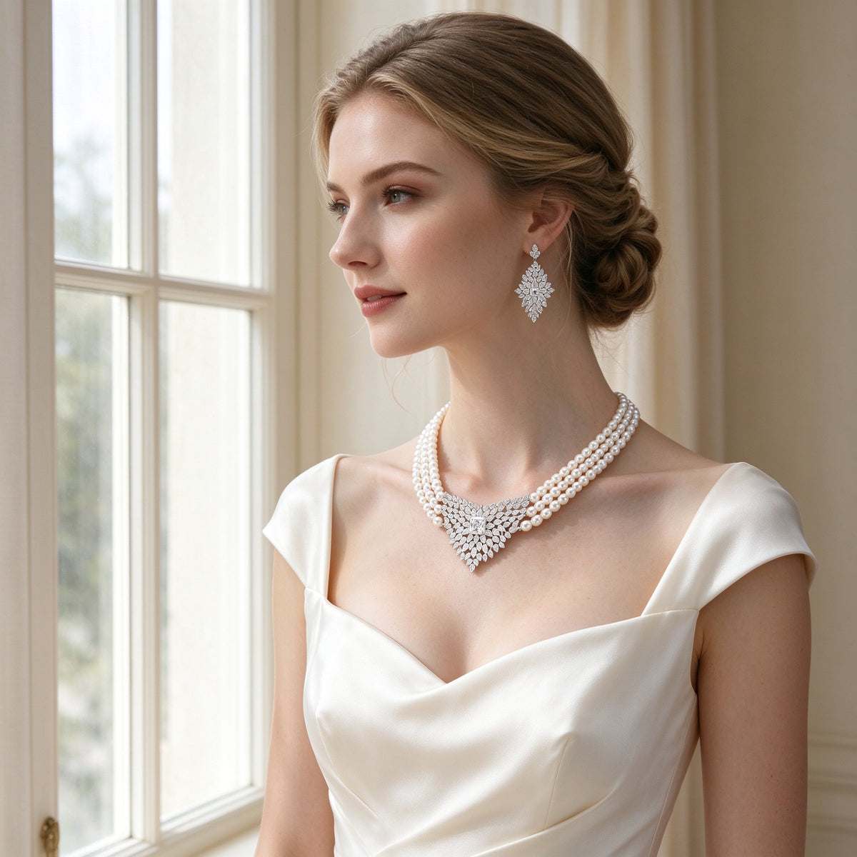 Caucasian bride wearing The Clover three-strand pearl necklace and leaf-cluster CZ earrings with an ivory silk gown by a sunlit window