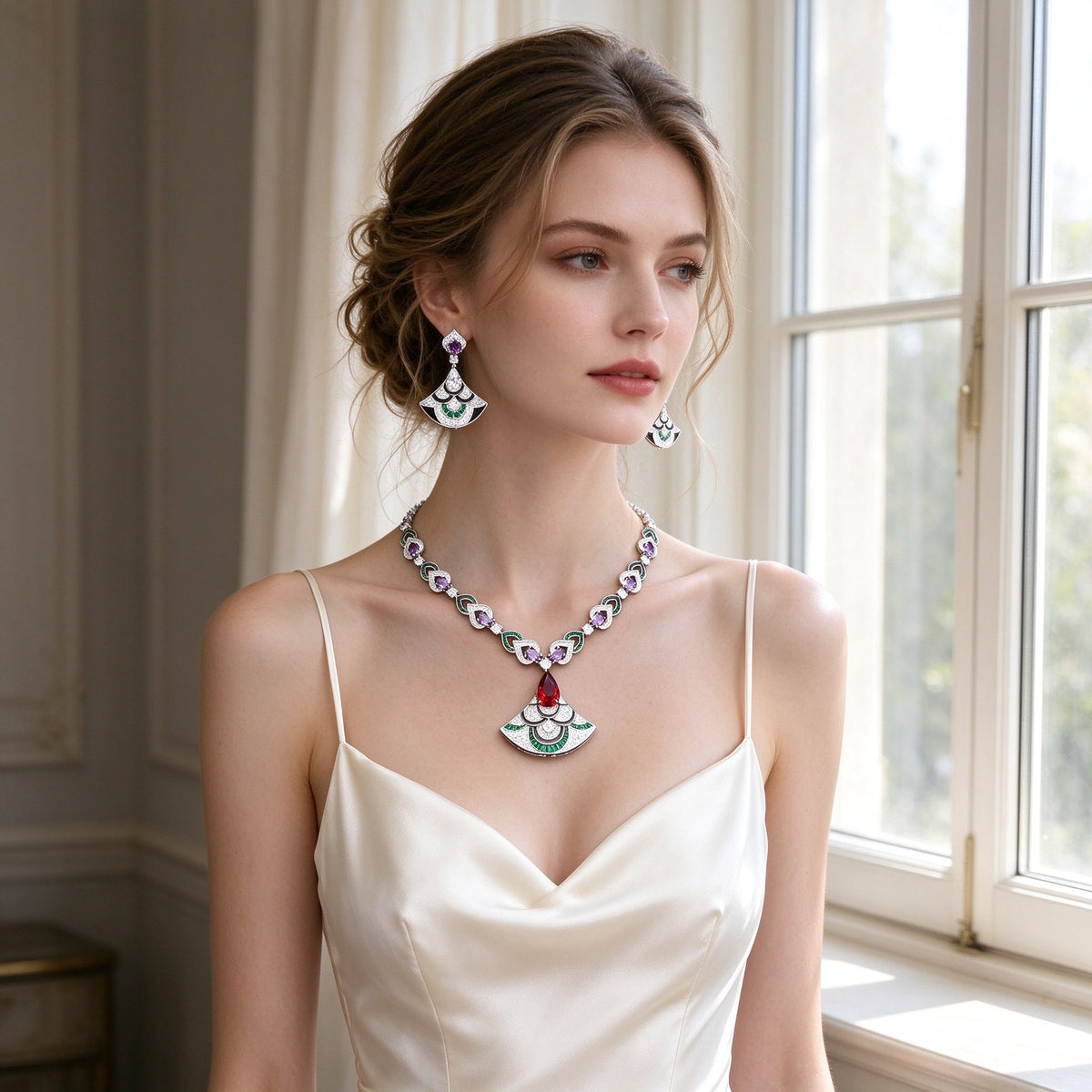 Caucasian bride wearing The Camellia Bridal Parure fan necklace and drop earrings in an ivory silk slip gown by a sunlit window