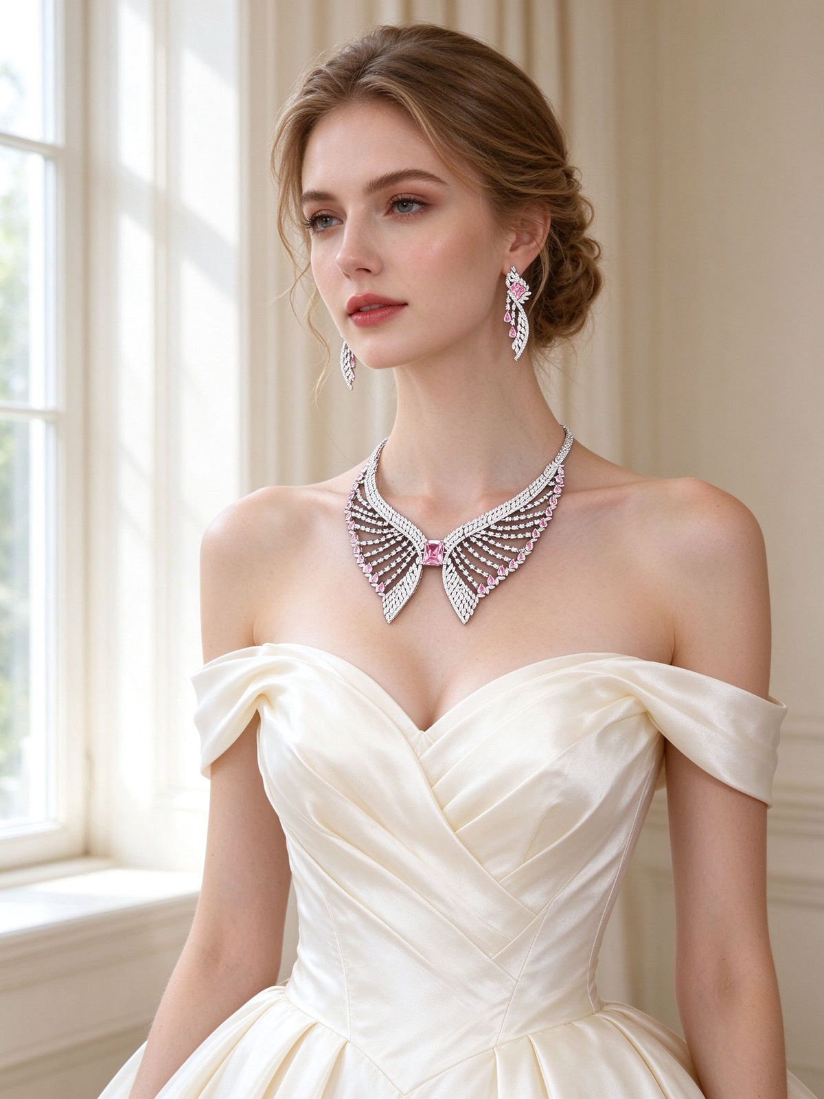 Bride in an ivory off-shoulder silk gown wearing The Reagan Bridal Set wing bib necklace and pink wing drop earrings