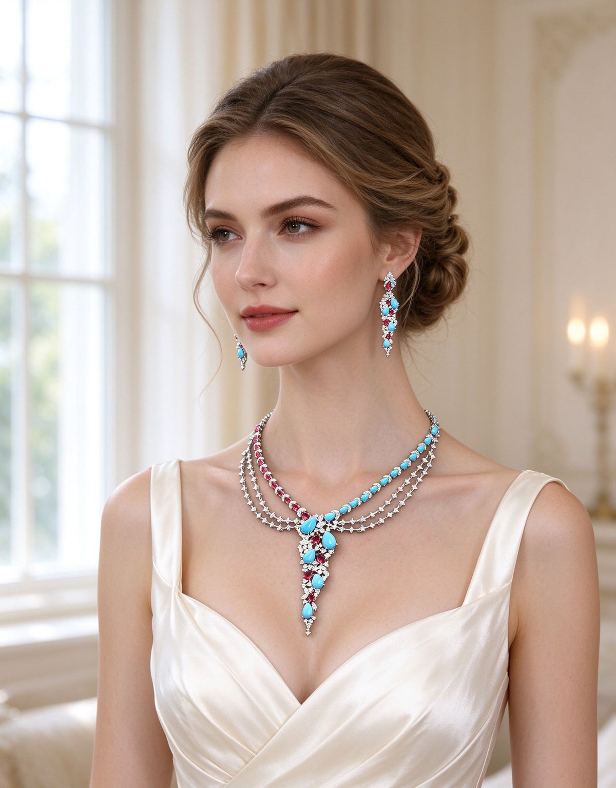 Bride wearing The Dawn Crystal Parure multi-strand necklace in ivory silk