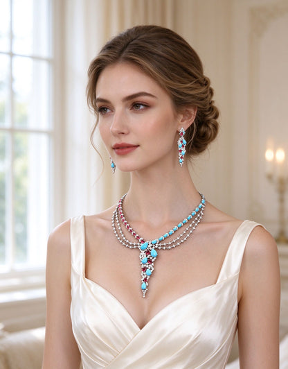 Bride wearing The Dawn Crystal Parure multi-strand necklace in ivory silk