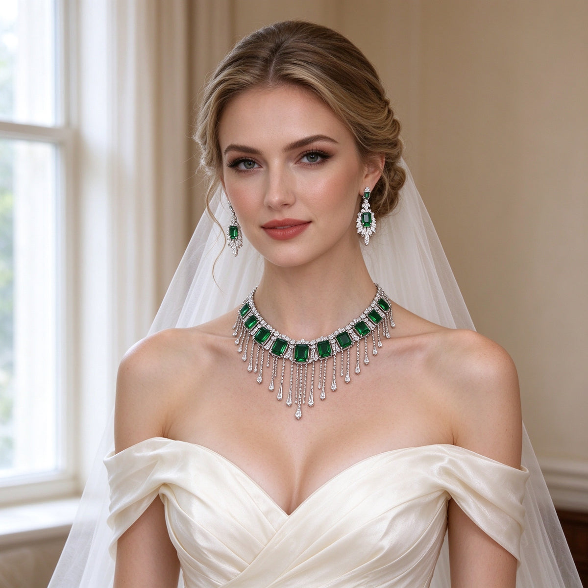 Western bride wearing The Twilight Bridal Parure emerald-green and clear CZ fringe collar necklace and drop earrings in soft window light