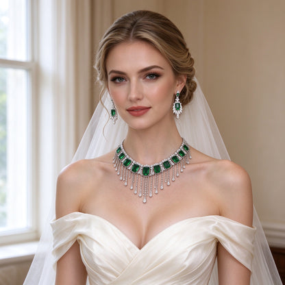 Western bride wearing The Twilight Bridal Parure emerald-green and clear CZ fringe collar necklace and drop earrings in soft window light